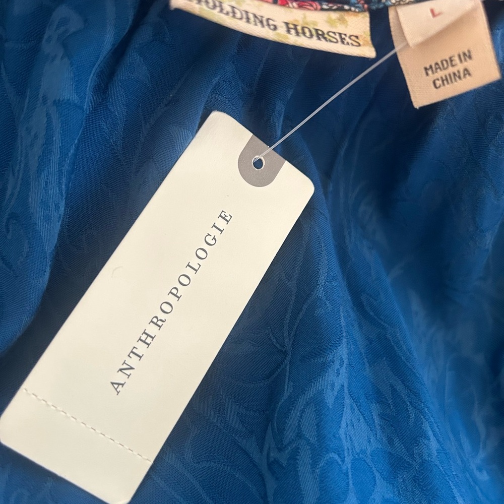 Anthropologie Sapphire Blue on Blue Floral Cold Shoulder Swing Dress Size L - Picture 4 of 9